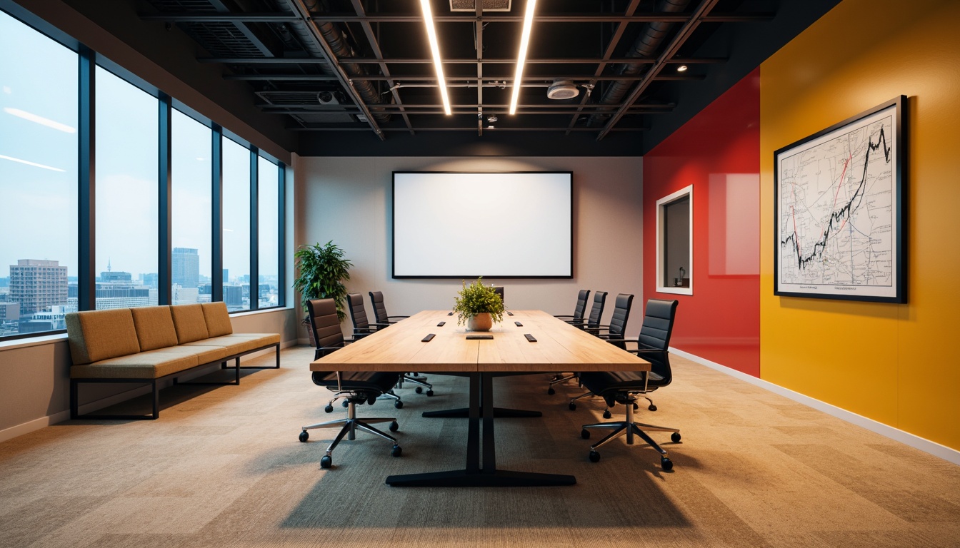 Prompt: Modern conference room, sleek wooden tables, ergonomic chairs, interactive whiteboards, floor-to-ceiling windows, cityscape views, collaborative seating arrangements, cozy corner sofas, vibrant accent walls, minimalist lighting fixtures, warm beige carpeting, 1/1 composition, softbox lighting, shallow depth of field, realistic textures, ambient occlusion.