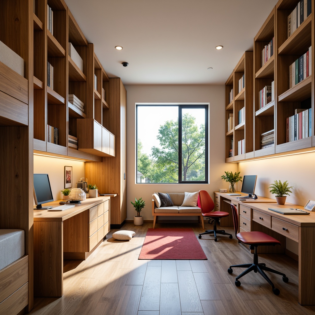 Prompt: Cozy student dormitory, compact furniture, space-saving shelving units, minimalist desks, ergonomic chairs, comfortable bedding, vibrant color schemes, natural wood accents, modern lighting fixtures, large windows, soft warm illumination, shallow depth of field, 3/4 composition, panoramic view, realistic textures, ambient occlusion.