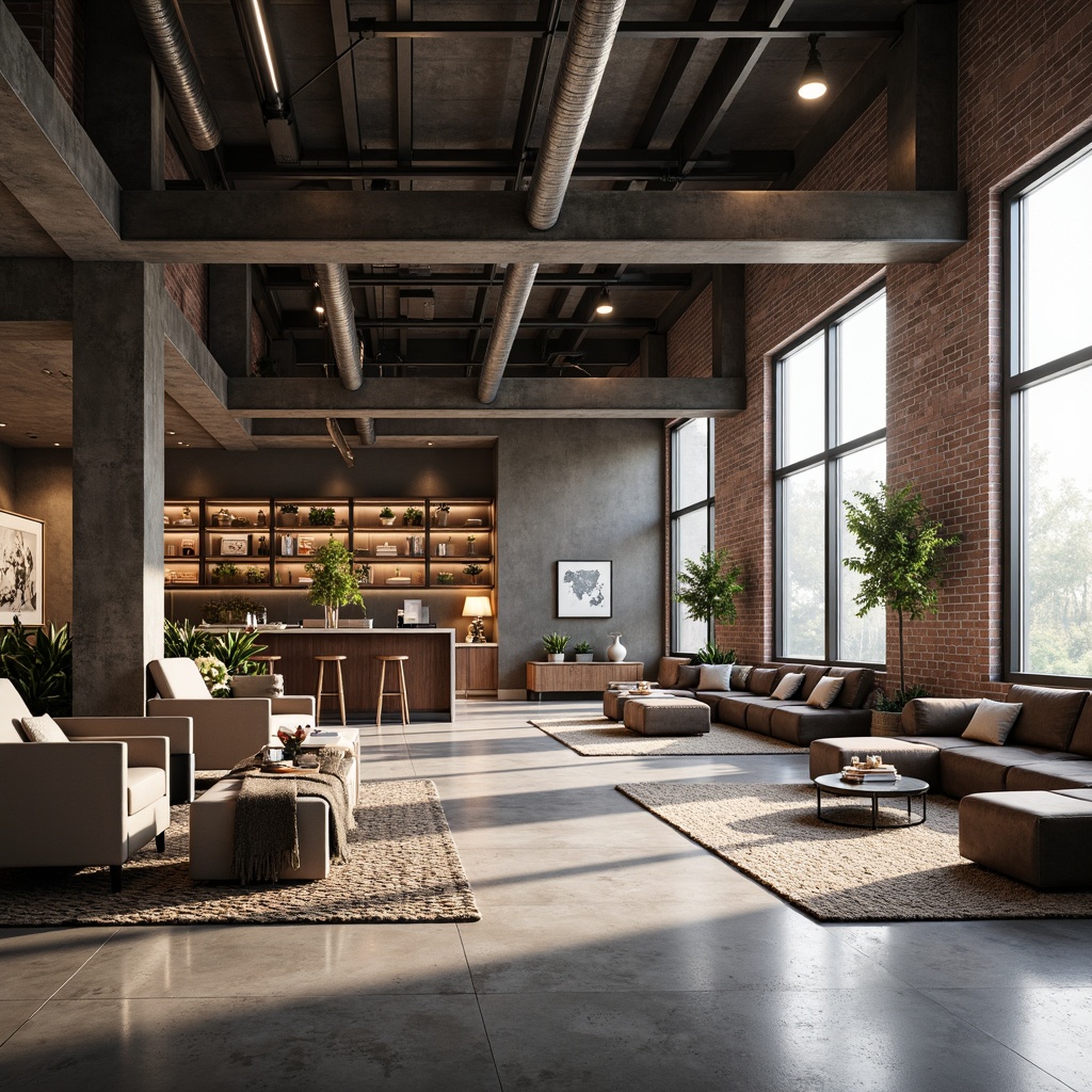 Prompt: Industrial chic warehouse, polished concrete floors, exposed brick walls, minimalist decor, sleek metal beams, reclaimed wood accents, floor-to-ceiling windows, natural light pouring in, modern streamline furniture, low-profile sofas, industrial-style lighting fixtures, metallic tones, urban loft atmosphere, functional open spaces, collaborative work areas, cozy reading nooks, plush area rugs, soft warm lighting, shallow depth of field, 3/4 composition, realistic textures, ambient occlusion.