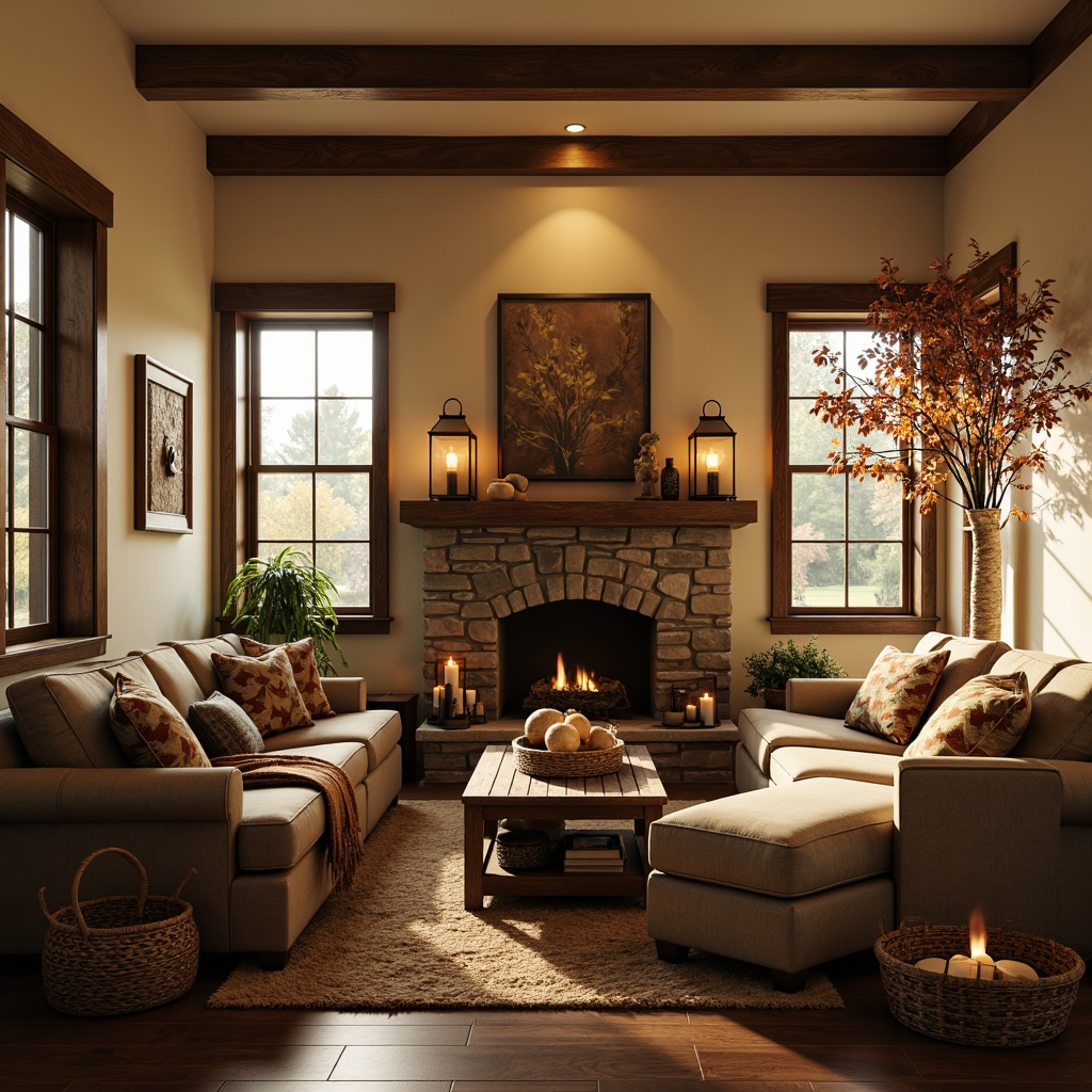 Prompt: Cozy family room, rustic wooden furniture, earthy color palette, warm beige walls, distressed wood accents, vintage decorative items, soft candlelight, comfortable plush sofas, woven baskets, natural fiber rugs, stone fireplace, lantern-style lighting, rich leather upholstery, autumnal hues, warm golden tones, soft creamy whites, weathered metal decorations, organic textures, 3/4 composition, intimate atmosphere, realistic materials, ambient occlusion.