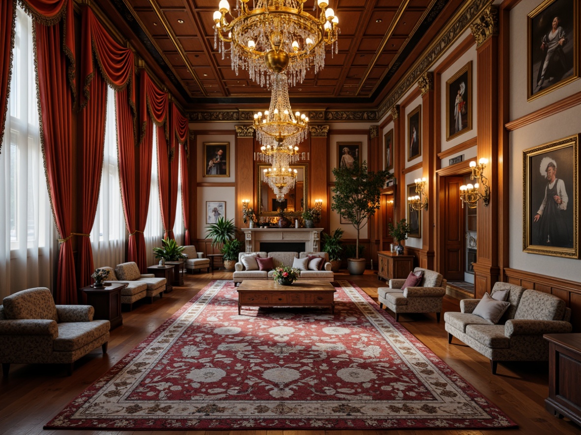 Prompt: Ornate chandeliers, luxurious fabrics, elegant furnishings, sophisticated color schemes, refined textures, metallic accents, beveled mirrors, ornamental patterns, intricate carvings, grand staircases, opulent rugs, lavish decorations, sumptuous upholstery, exquisite accessories, majestic columns, dramatic lighting, warm ambiance, 3/4 composition, shallow depth of field, soft focus, panoramic view.