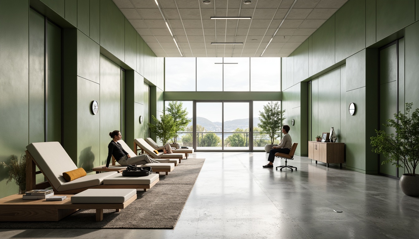 Prompt: Calming rehabilitation center, minimalist architecture, clean lines, monochromatic color scheme, natural light, open spaces, functional furniture, multi-functional areas, adaptable layout, sliding glass doors, polished concrete floors, industrial-chic decor, green walls, airy atmosphere, soft ambient lighting, 1/1 composition, shallow depth of field, realistic textures, subtle shadows.