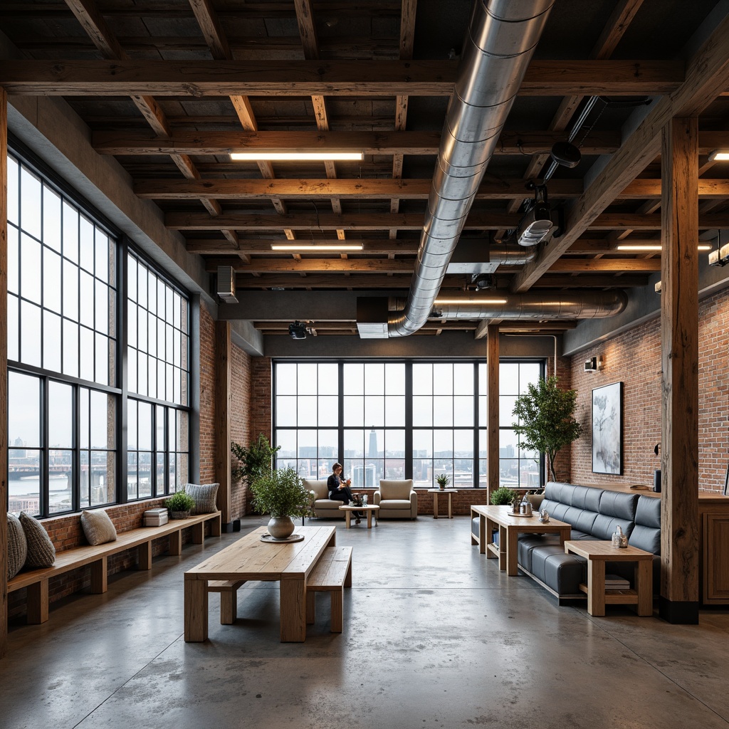 Prompt: Industrial chic loft, exposed beams, wooden planks, metal ductwork, reclaimed wood accents, modern academic atmosphere, sleek lines, minimalist decor, neutral color palette, concrete floors, steel windows, urban landscape views, cloudy day, soft natural lighting, shallow depth of field, 2/3 composition, realistic textures, ambient occlusion.