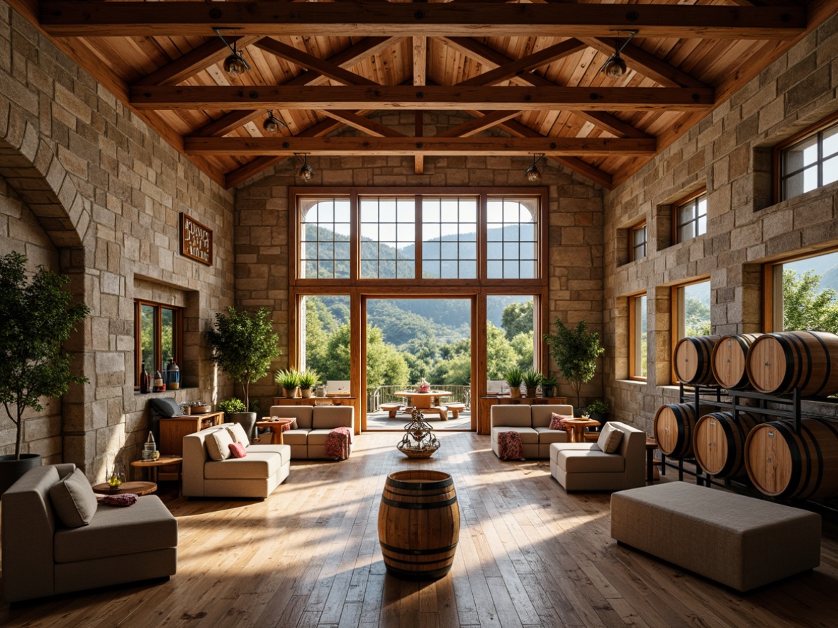 Prompt: Rustic winery, earthy tones, wooden accents, stone walls, barrel storage, vineyard views, large windows, natural light, warm atmosphere, traditional furniture, distressed wood, metal decorations, vintage wine barrels, wine-making equipment, rustic chandeliers, soft warm lighting, shallow depth of field, 1/1 composition, realistic textures, ambient occlusion.