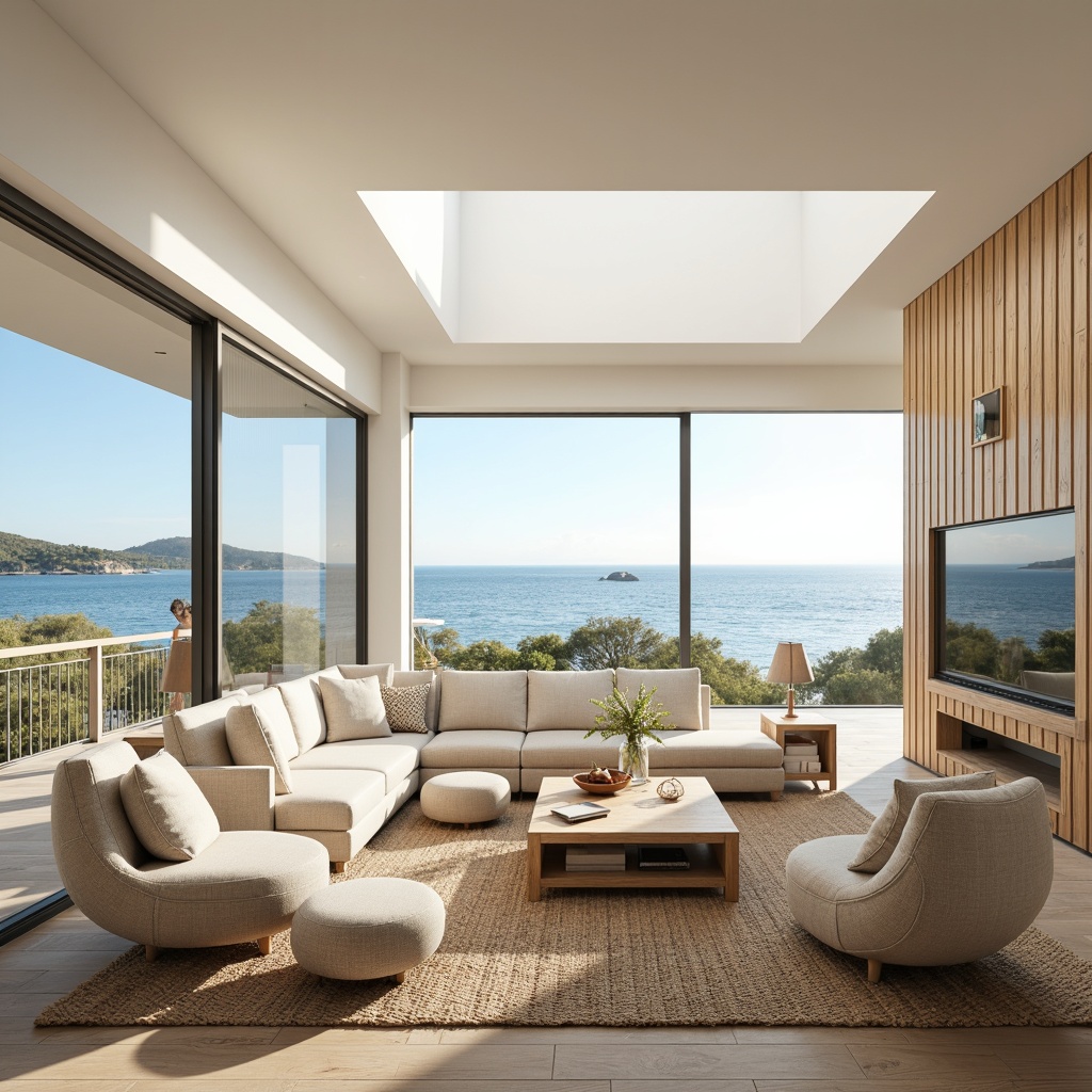 Prompt: Coastal living room, ocean views, floor-to-ceiling windows, sliding glass doors, minimal obstructions, reflective white walls, light wood flooring, natural textiles, woven seagrass rugs, organic-shaped furniture, soft beige upholstery, calming color palette, abundant sunlight, gentle sea breeze, airy atmosphere, shallow depth of field, 1/2 composition, warm softbox lighting, subtle shadows, realistic materials.