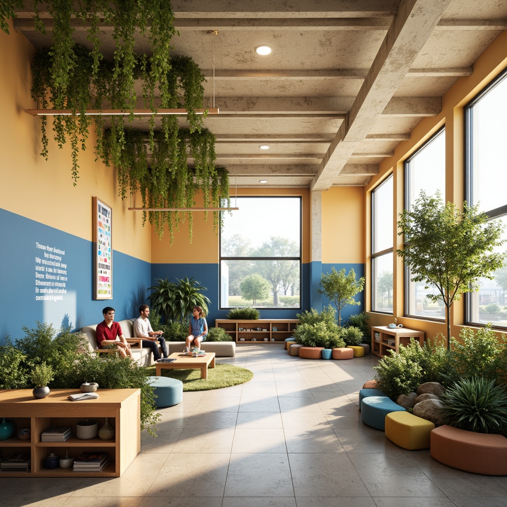 Prompt: Vibrant learning environment, warm beige walls, calming blue accents, stimulating greenery, natural wood furniture, cozy reading nooks, comfortable seating areas, soft overhead lighting, abundant daylight, creative expression walls, inspirational quotes, educational graphics, interactive displays, collaborative workspaces, modern minimalist design, gentle color transitions, soothing color harmony, 1/2 composition, warm color temperature, inviting atmosphere.