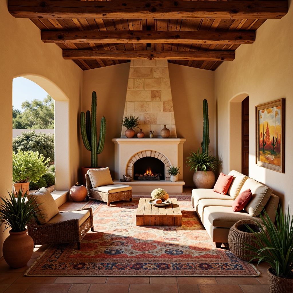 Prompt: Vibrant southwestern great room, warm beige walls, rustic wooden beams, plush furniture, colorful woven textiles, geometric patterned rugs, natural stone fireplace, earthy terracotta vases, lush greenery, cacti plants, desert-inspired artwork, warm golden lighting, soft cozy atmosphere, 1/2 composition, shallow depth of field, realistic textures, ambient occlusion.