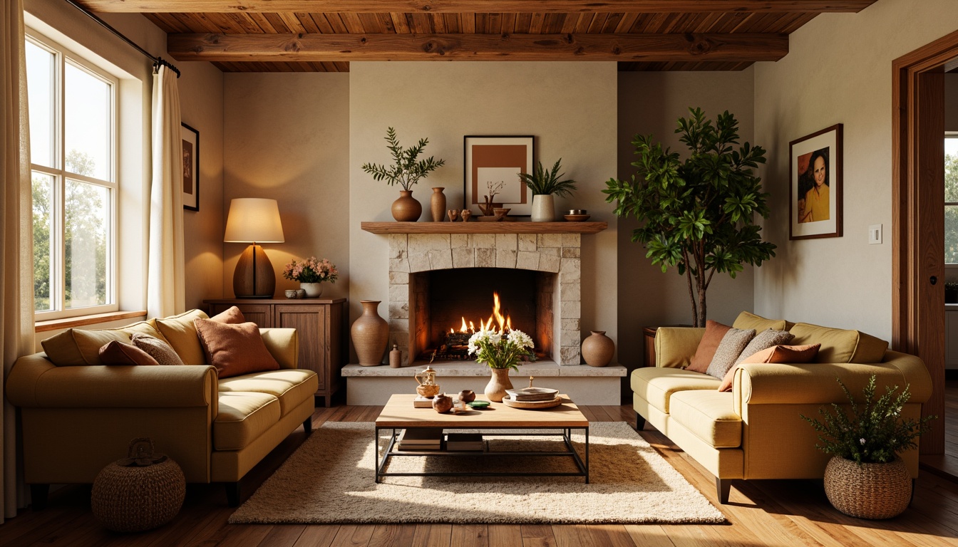 Prompt: Cozy living room, warm beige walls, rich wood furniture, plush velvet sofas, soft golden lighting, vintage rugs, earthy terracotta vases, natural stone fireplace, creamy white curtains, botanical greenery, autumnal color scheme, warm neutrals, inviting textures, shallow depth of field, 1/1 composition, soft focus, ambient occlusion.