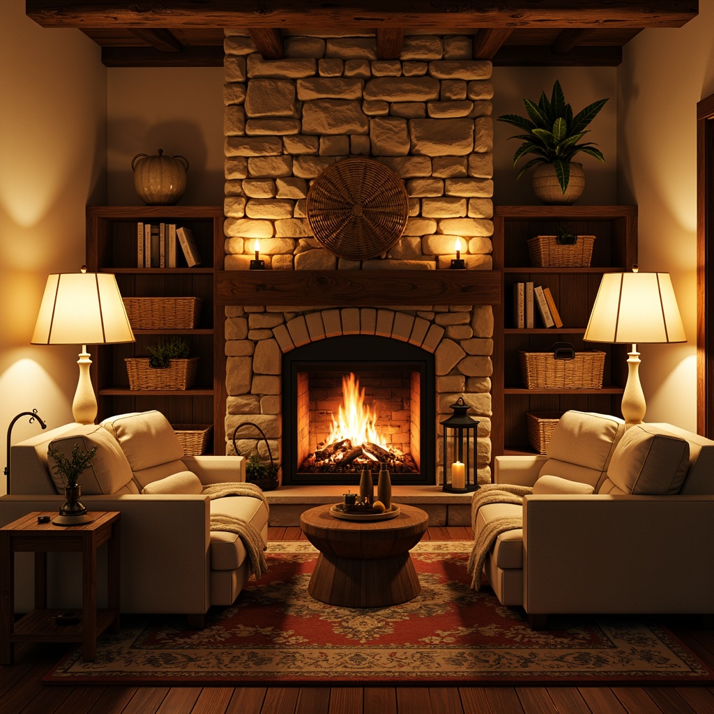 Prompt: Warm candlelight, soft warm glow, rustic wooden furniture, plush throw blankets, cozy reading nook, floor lamps with linen shades, table lamps with cream-colored ceramic bases, dimmable ceiling lights, ambient indirect lighting, warm beige walls, natural stone fireplace, crackling fire sounds, comfortable oversized armchairs, woven baskets, vintage metal lanterns, distressed wood accents, earthy color palette, gentle shadows, relaxing ambiance.