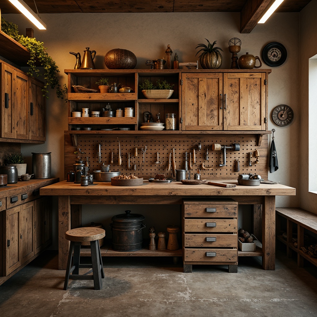 Prompt: Rustic wooden workbench, distressed metal tools, vintage automotive decorations, nostalgic garage ambiance, warm beige walls, worn concrete floors, classic wooden cabinets, antique machinery, rich wood grain textures, soft warm lighting, shallow depth of field, 3/4 composition, realistic rusty metal materials, ambient occlusion, traditional craftsmanship details.