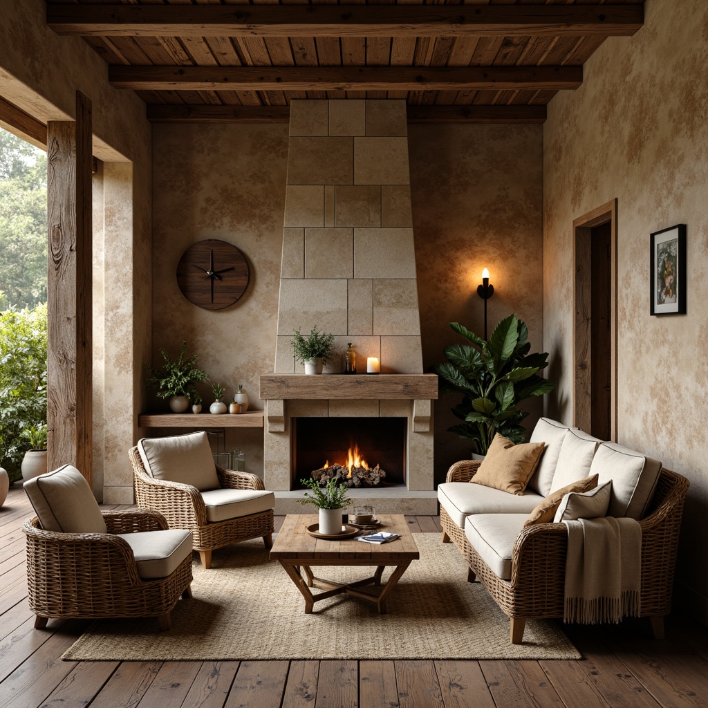 Prompt: Earth-toned wooden planks, rustic stone walls, woven wicker furniture, soft suede upholstery, natural linen fabrics, reclaimed wood accents, vintage metal fixtures, distressed leather details, organic botanical patterns, warm candlelight ambiance, cozy throw blankets, earthy scent, shallow depth of field, 1/1 composition, realistic materials, subtle ambient occlusion.