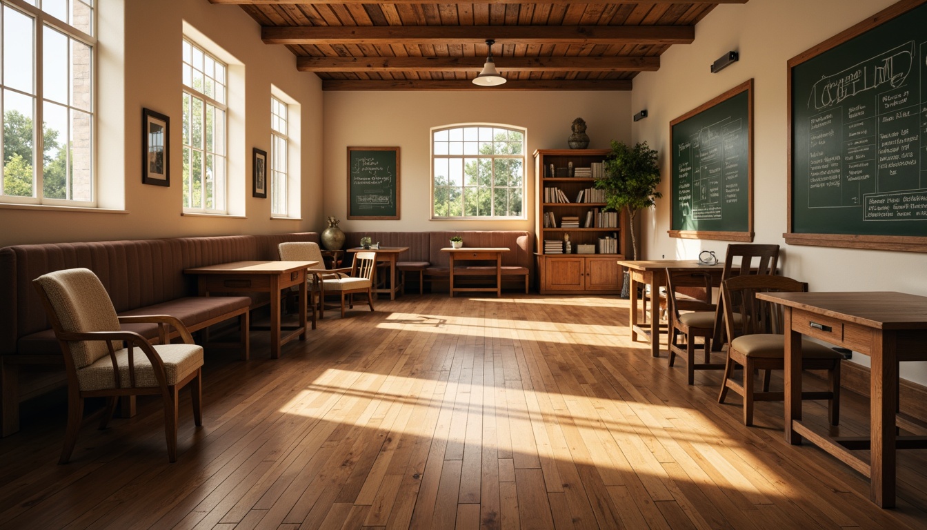 Prompt: Classic educational setting, wooden flooring, traditional maple wood tone, polished finish, subtle grain texture, warm beige walls, natural light streaming through large windows, comfortable seating areas, plush carpeted reading nooks, vintage-inspired chalkboards, rustic wooden desks, cozy library atmosphere, soft warm lighting, shallow depth of field, 1/1 composition, realistic textures, ambient occlusion.