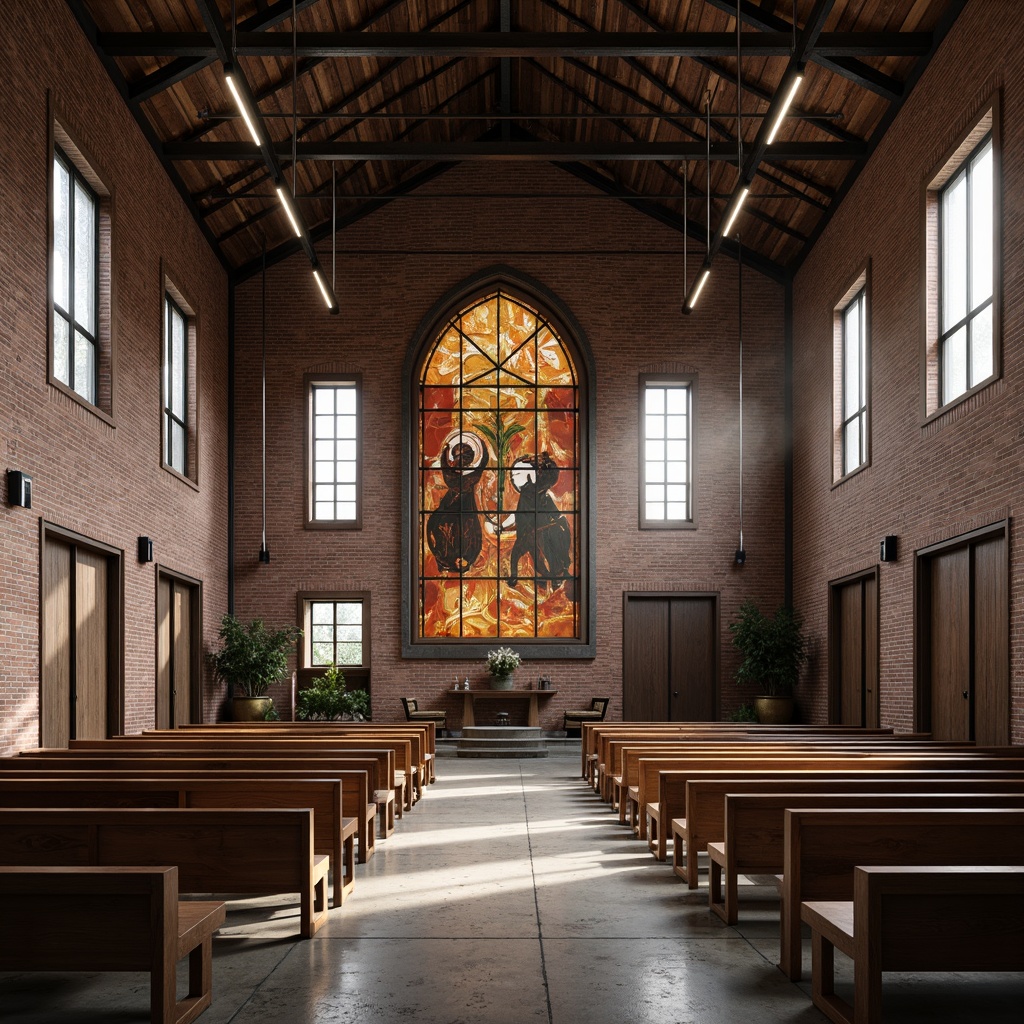 Prompt: Rustic industrial chapel, exposed brick walls, metallic beams, reclaimed wood accents, stained glass windows, ornate steel doors, distressed concrete floors, minimalist pews, modern pulpit design, abstract spiritual artwork, warm ambient lighting, soft natural textures, 1/1 composition, dramatic low-angle shot, realistic rendering, subtle atmospheric fog.Let me know if you need any adjustments!