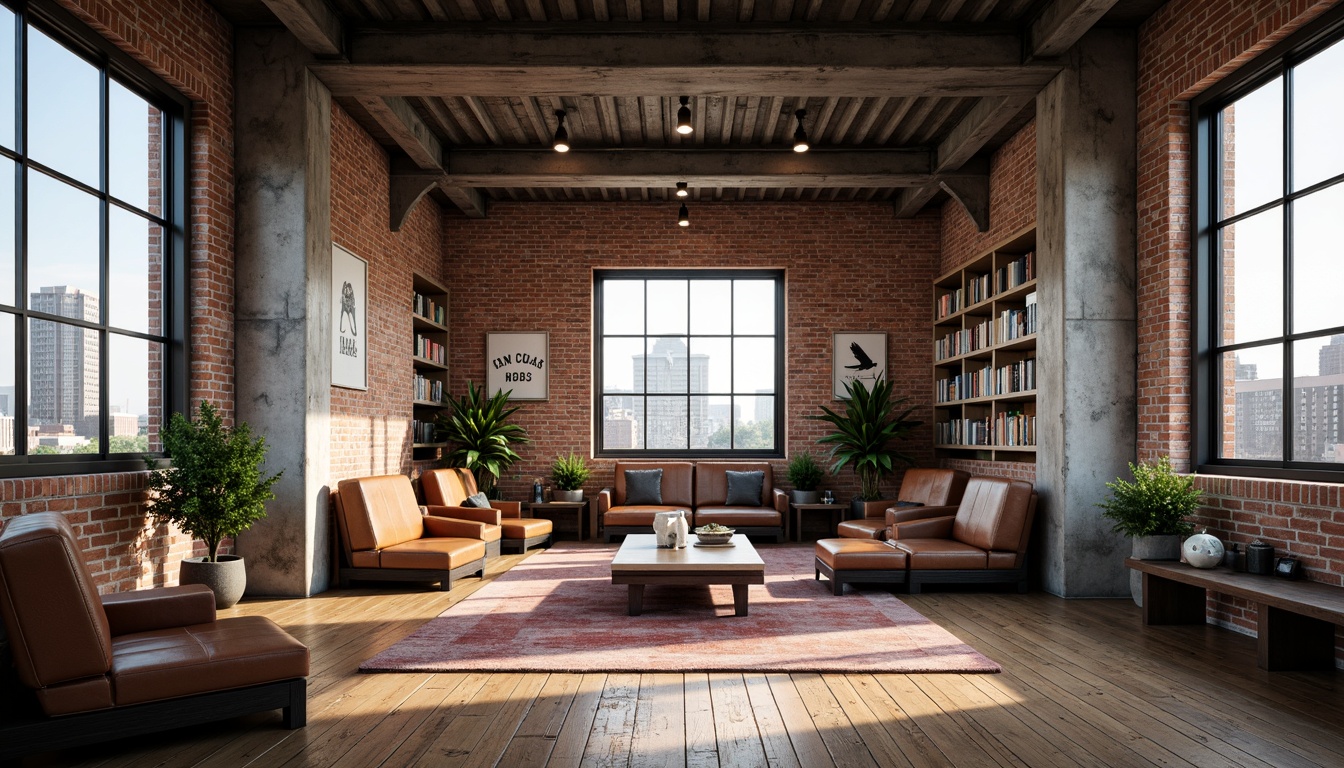 Prompt: Exposed brick walls, metal beams, reclaimed wood flooring, industrial-style lighting fixtures, modern minimalist furniture, sleek metal accents, raw concrete textures, urban cityscape views, large windows, natural light pouring in, cozy reading nooks, built-in bookshelves, vintage academic decorations, distressed leather armchairs, rich wood tones, earthy color palette, soft warm lighting, shallow depth of field, 2/3 composition, realistic renderings, ambient occlusion.