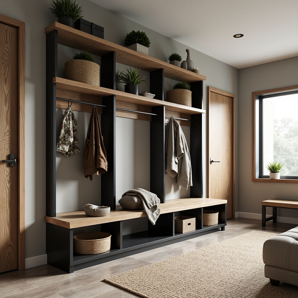 Prompt: Mudroom storage units, sleek modern design, minimalist aesthetic, industrial metal frames, reclaimed wood accents, matte black finishes, hidden compartments, adjustable shelving systems, woven baskets, natural fiber rugs, soft warm lighting, 1/1 composition, realistic textures, ambient occlusion, contemporary color palette, calm atmosphere, functional decor.