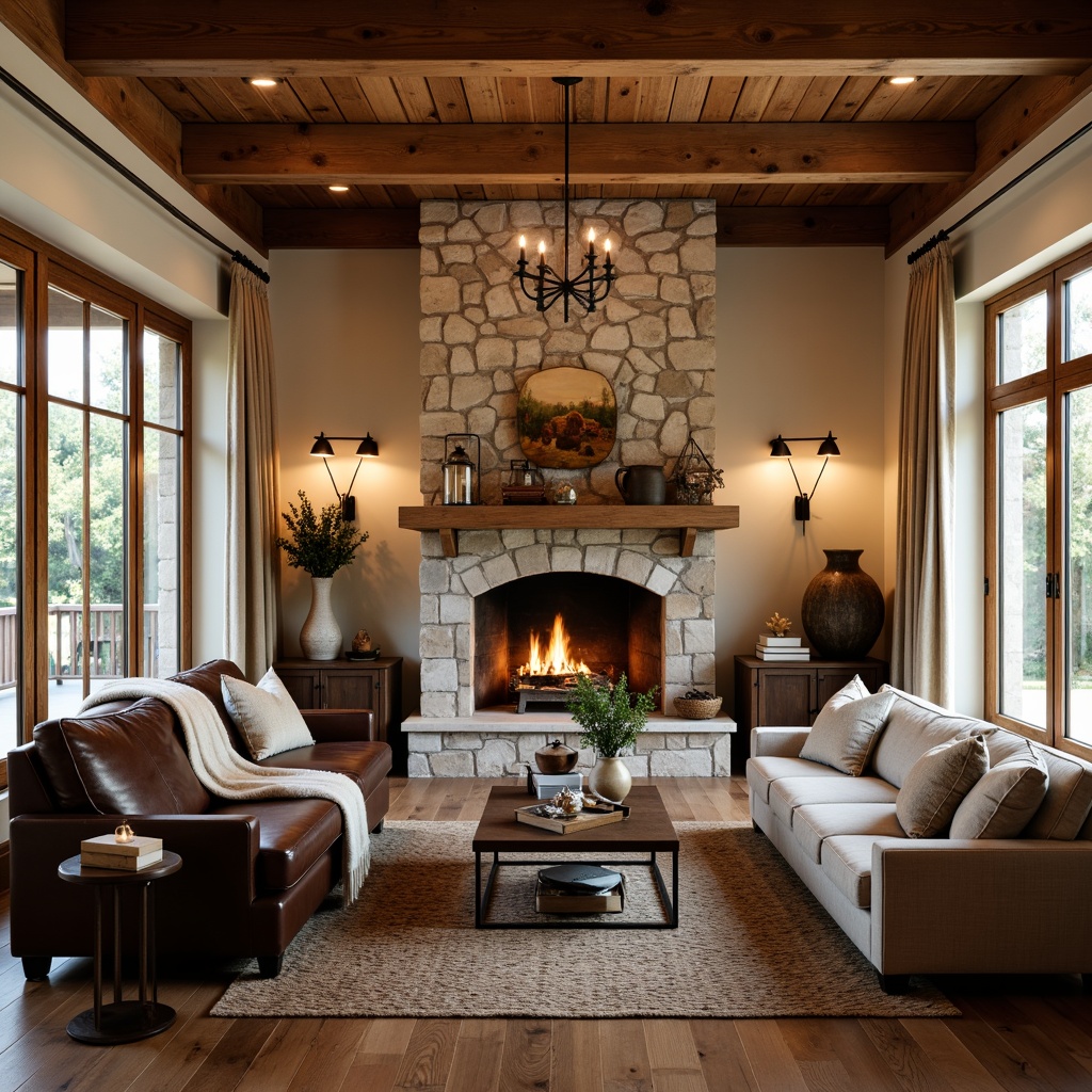 Prompt: Rustic family room, wooden beam ceiling, stone fireplace, warm earthy tones, natural textures, vintage furniture, distressed wood accents, metal lanterns, pendant lights, candle chandeliers, soft warm lighting, cozy atmosphere, comfortable seating, plush throw blankets, rich leather upholstery, natural fiber rugs, wooden coffee tables, woven baskets, decorative antlers, nature-inspired artwork, warm beige walls, earthy brown floors, soft cream curtains, 1/2 composition, intimate lighting, realistic shadows.