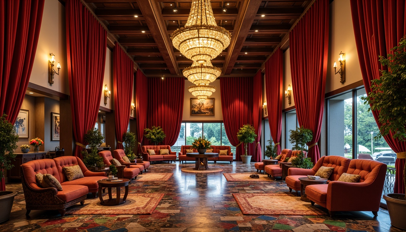 Prompt: Vibrant eclectic hotel lobby, rich velvet drapes, ornate antique furnishings, warm golden chandeliers, decorative metal sconces, colorful Moroccan tiles, plush area rugs, cozy reading nooks, dramatic floor-to-ceiling curtains, luxurious crystal fixtures, soft warm ambient lighting, subtle color temperature shifts, layered light sources, warm spotlights, LED accent lights, 3/4 composition, shallow depth of field, cinematic mood, realistic textures, ambient occlusion.