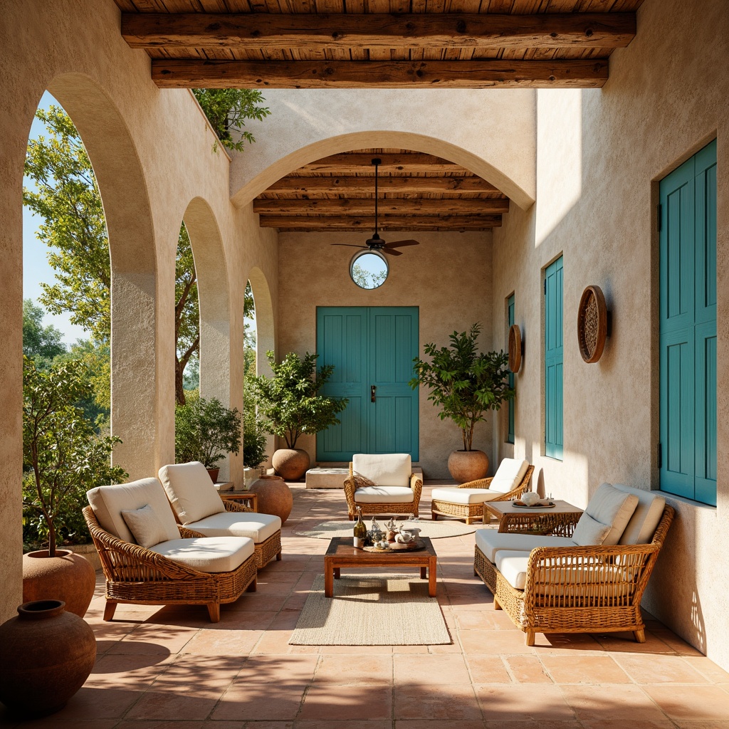 Prompt: Warm Mediterranean villa, rustic stone walls, terracotta flooring, creamy white arches, soft blue shutters, vibrant turquoise accents, lush greenery, potted lemon trees, distressed wood furniture, woven wicker chairs, natural linen fabrics, earthy terracotta pottery, warm golden lighting, shallow depth of field, 3/4 composition, realistic textures, ambient occlusion.