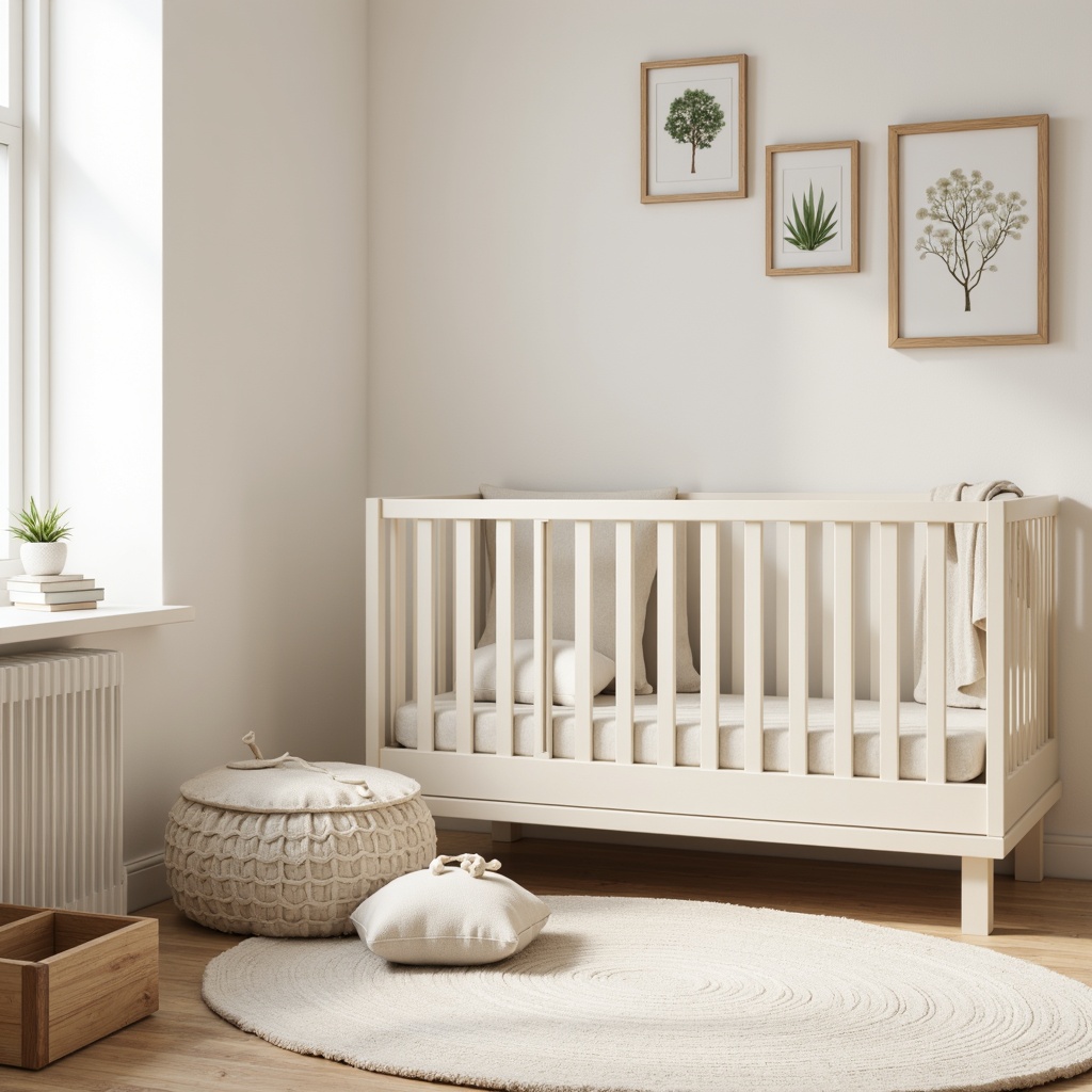 Prompt: Soft creamy whites, gentle pastel hues, warm beige tones, natural wood accents, minimal furniture pieces, clean lines, simple shapes, calming atmosphere, peaceful ambiance, softbox lighting, subtle texture details, organic cotton fabrics, whisper-quiet color palette, serene nursery setting, cozy reading nook, plush area rug, creamy white crib, wooden toy box, botanical prints, gentle color gradations, shallow depth of field, 1/1 composition, realistic render.