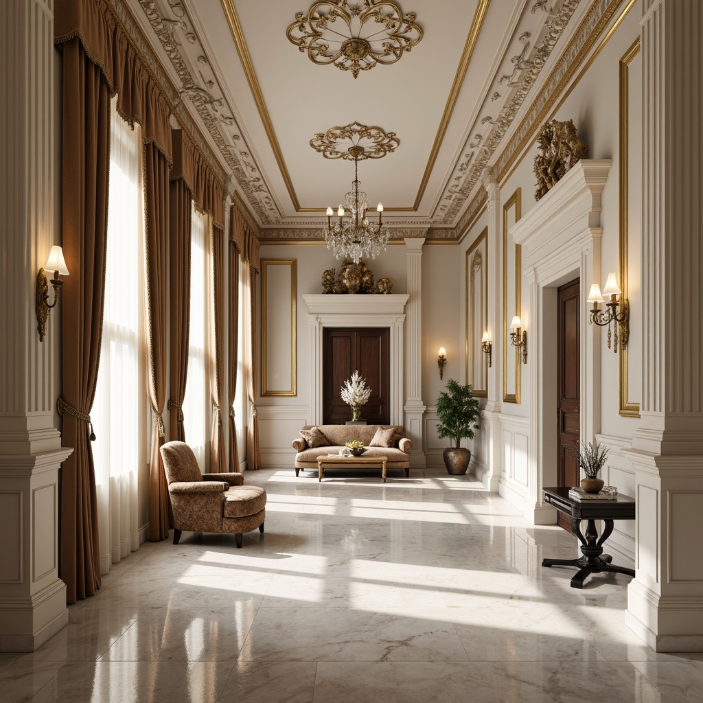 Prompt: Elegant neoclassical interior, ornate moldings, luxurious fabrics, velvet drapes, polished marble floors, intricate wood carvings, gilded accents, crystal chandeliers, soft warm lighting, neutral color palette, creamy whites, rich woods, subtle patterns, classic proportions, symmetrical compositions, refined details, sophisticated ambiance.