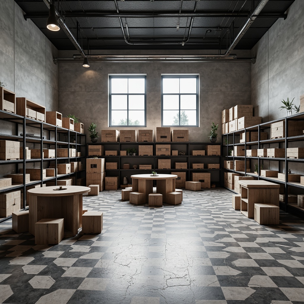 Prompt: Utilitarian storage room, industrial metal shelving, geometric patterned flooring, angular wooden crates, minimalist decor, monochromatic color scheme, overhead track lighting, 3D cube-shaped storage units, circular tables, hexagonal bins, triangular shelves, asymmetrical compositions, modern industrial aesthetic, raw concrete walls, polished steel accents, functional simplicity, ample natural light, softbox lighting, shallow depth of field, realistic textures.