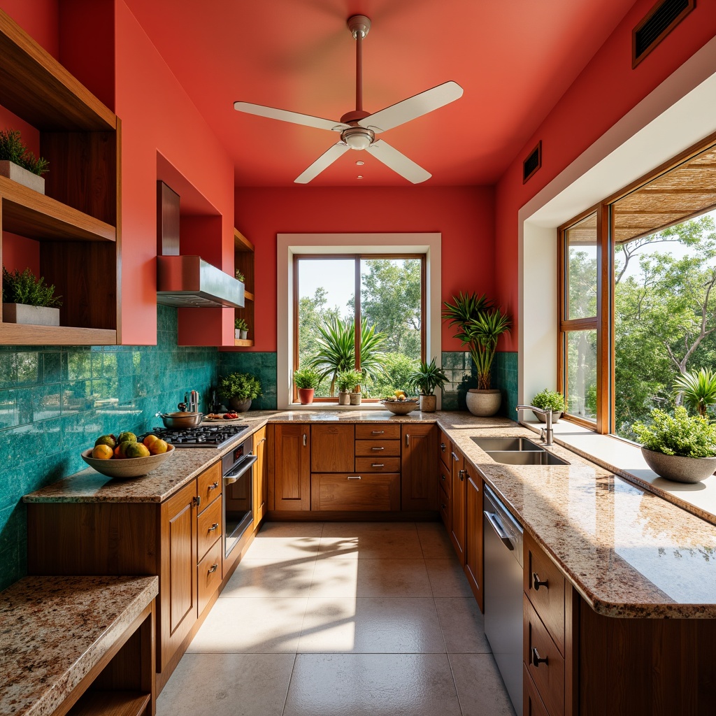 Prompt: Vibrant tropical kitchen, bright coral walls, exotic wooden cabinets, polished granite countertops, stunning backsplash, iridescent glass tiles, turquoise accents, lush greenery, natural stone flooring, warm ambient lighting, soft focus, shallow depth of field, 1/2 composition, realistic textures, ambient occlusion.