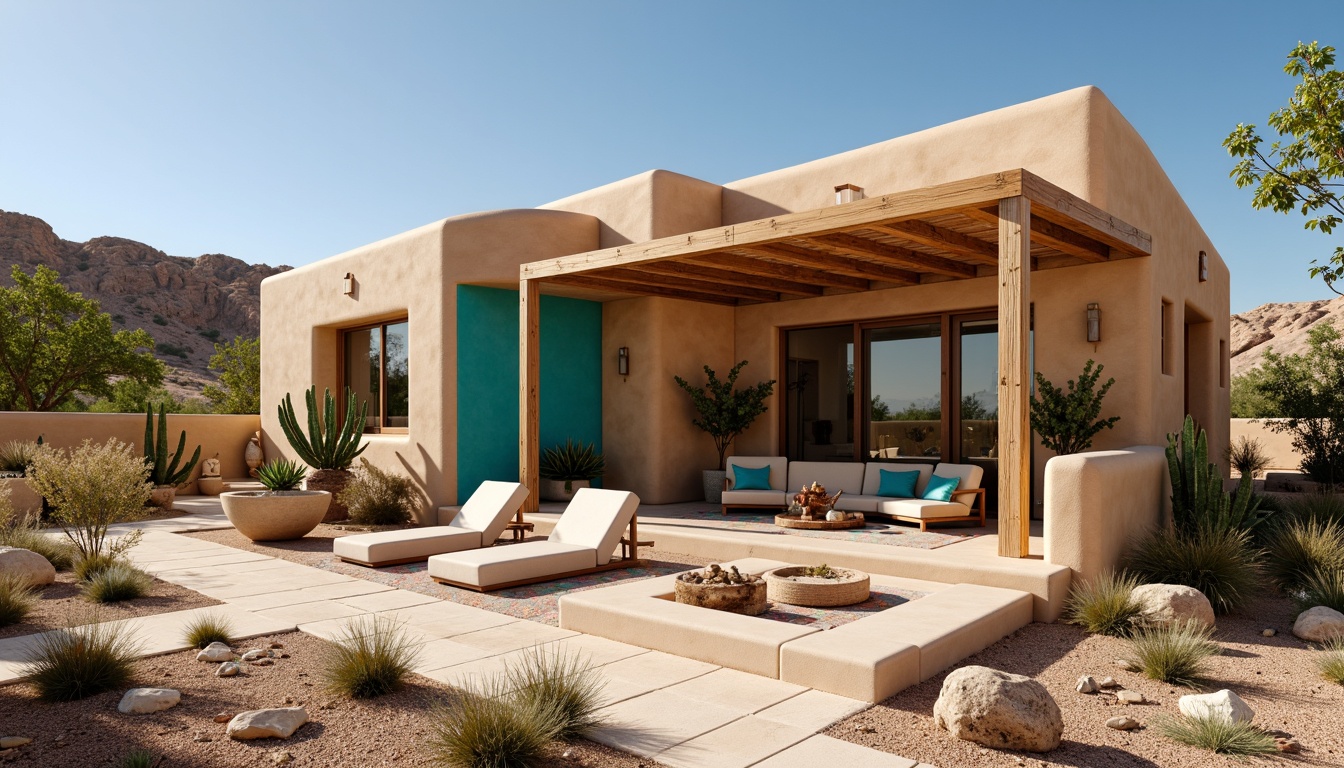 Prompt: Southwestern adobe-style villa, warm earthy tones, wooden accents, reclaimed wood flooring, rustic wooden beams, natural stone walls, vibrant turquoise accents, bold geometric patterns, woven textiles, desert landscape, cacti plants, hot sunny day, clear blue sky, vast open space, modern southwestern architecture, angular lines, minimalist design, sustainable energy solutions, solar panels, water conservation systems, green roofs, eco-friendly materials, innovative cooling technologies, shaded outdoor spaces, misting systems, warm soft lighting, shallow depth of field, 3/4 composition, panoramic view, realistic textures, ambient occlusion.