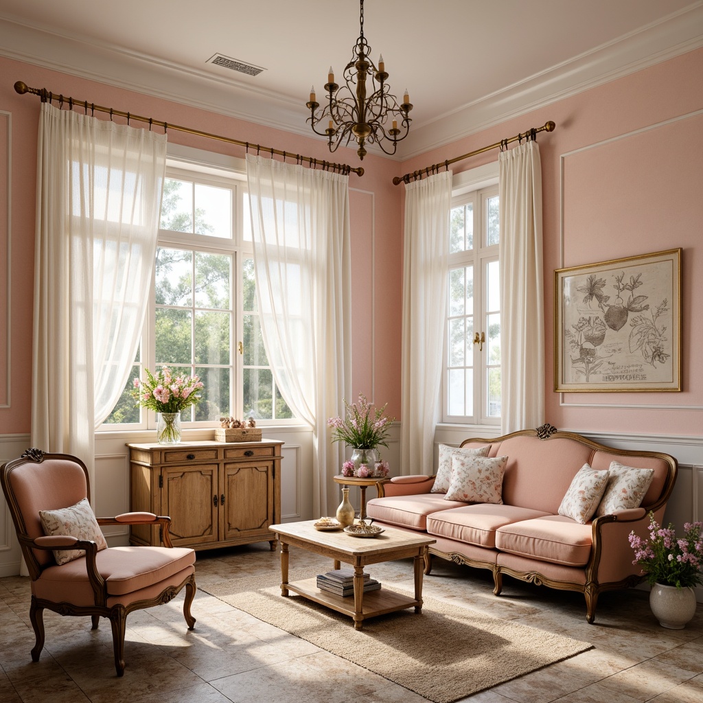 Prompt: Soft, feminine shabby-chic interior, distressed wood furniture, vintage decorative accents, pastel pink walls, creamy white trim, lace curtains, floral patterns, soft peach upholstery, antique gold hardware, weathered stone floors, natural linen fabrics, warm beige rugs, elegant chandeliers, subtle sparkle lighting, 1/2 composition, warm color harmony, realistic textures, gentle ambient occlusion.