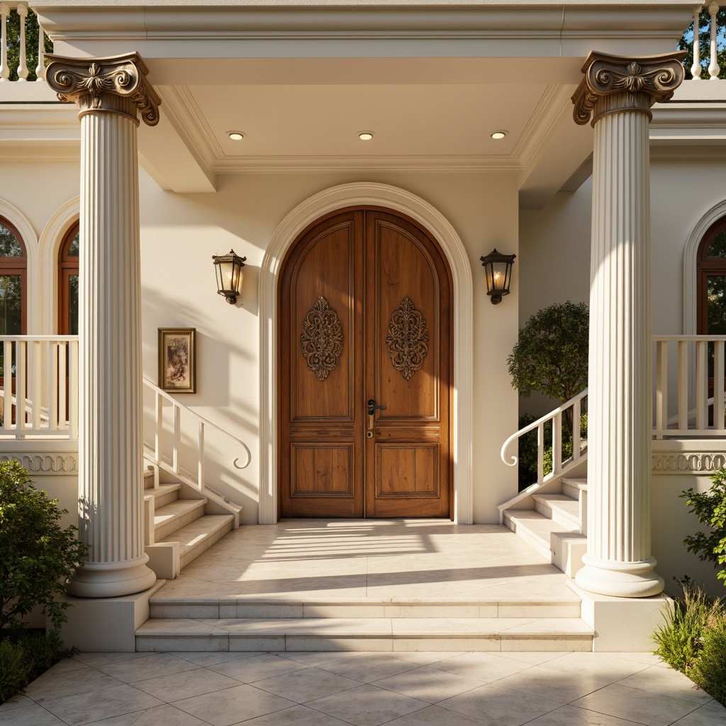 Prompt: Elegant residential facade, Corinthian columns, ornate capitals, fluted shafts, Ionic pilasters, symmetrical composition, grand entrance, sweeping staircases, intricately carved wooden doors, polished marble flooring, creamy white walls, soft golden lighting, warm afternoon sun, shallow depth of field, 1/2 composition, classical proportions, ornamental moldings, subtle arches, refined details, sophisticated color palette.