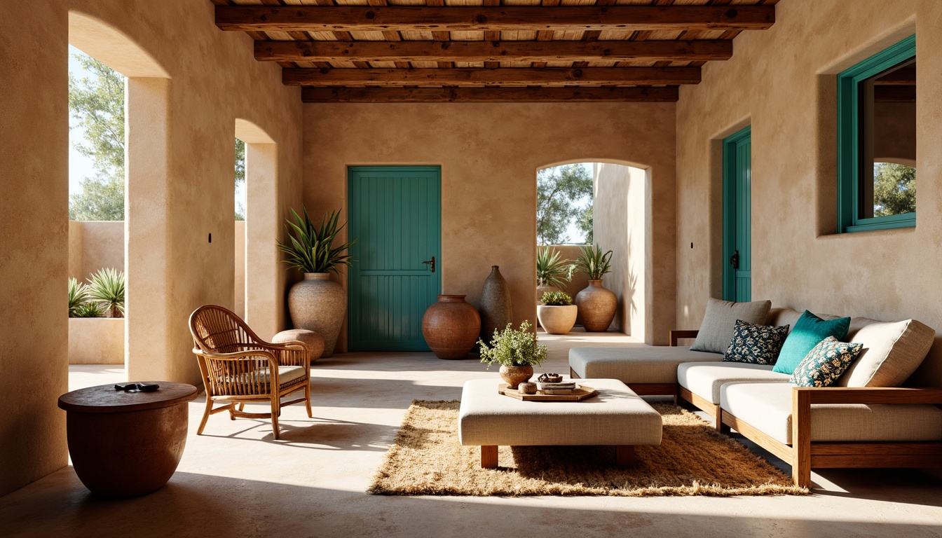 Prompt: Earth-toned adobe walls, rustic wooden beams, vibrant turquoise accents, plush area rugs, geometric patterned textiles, natural fiber upholstery, woven wicker furniture, distressed leather armchairs, clay pottery vases, desert botanicals, warm sandy neutrals, sun-kissed windows, soft diffused lighting, 1/2 composition, realistic wood grain textures, ambient shadows.