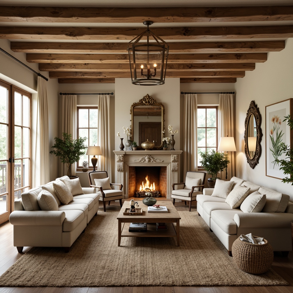 Prompt: Cozy family room, soft warm lighting, rustic wooden beams, stone fireplace, plush sofas, vintage armchairs, distressed wood coffee table, woven baskets, natural jute rug, earthy color palette, creamy whites, gentle creams, warm beiges, traditional French country style, ornate mirrors, elegant chandeliers, subtle texture wallpaper, linen drapes, botanical prints, antique decorative accents, soft romantic ambiance, intimate seating areas, 1/2 composition, warm golden lighting, realistic textures.