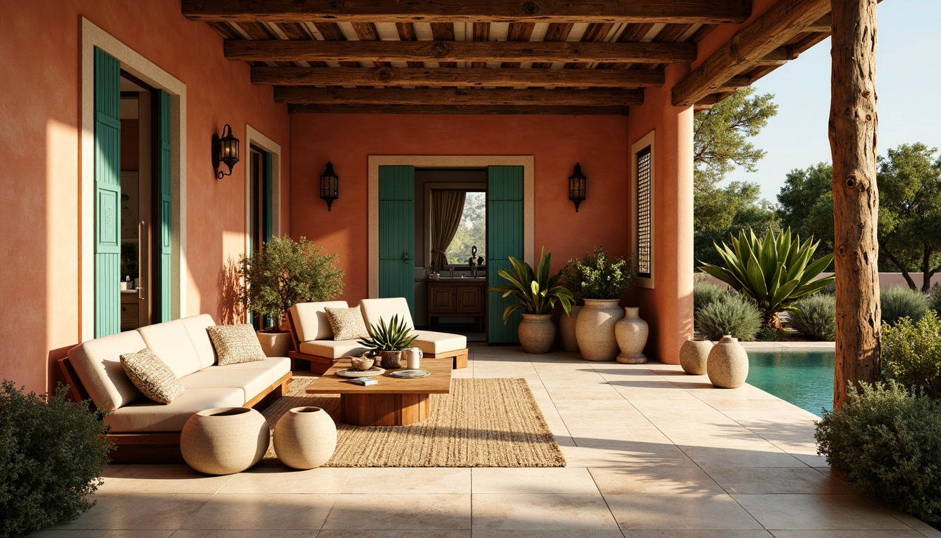 Prompt: Warm Mediterranean villa, earthy terracotta walls, creamy limestone floors, rustic wooden beams, ornate ironwork details, lush greenery, vibrant turquoise accents, soft golden lighting, warm beige upholstery, natural fiber textiles, distressed wood furniture, decorative ceramics, woven baskets, fragrant herbs, sunny afternoon, shallow depth of field, 1/1 composition, realistic textures, ambient occlusion.