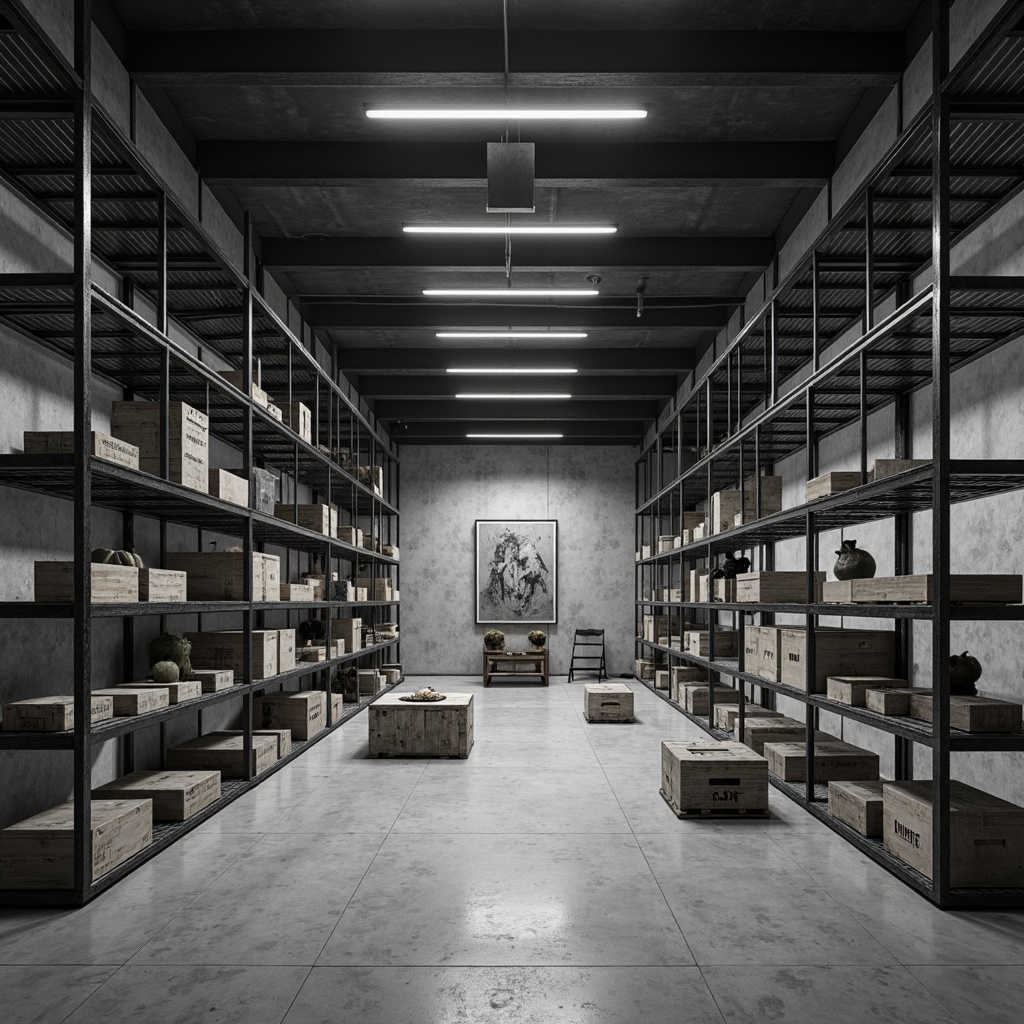 Prompt: Monochromatic storage room, industrial metal shelving units, raw concrete walls, polished steel accents, functional wooden crates, minimalist decor, geometric patterns, linear lighting fixtures, open floor plans, sparse furnishing, abstract artwork, muted color palette, natural textiles, reclaimed wood elements, architectural photography, high-contrast shadows, dramatic spotlighting, 1/2 composition, symmetrical framing, realistic reflections.