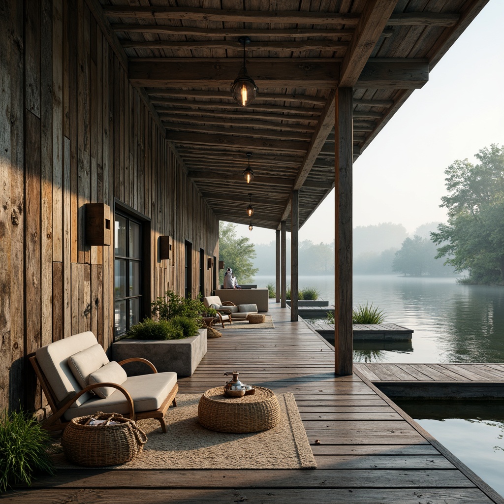 Prompt: Rustic boathouse, weathered wooden planks, distressed finishes, earthy tones, mossy greens, sky blues, sandy neutrals, driftwood grays, vintage nautical accents, copper fixtures, woven textiles, natural fibers, stone foundations, wooden docks, serene lake surroundings, misty mornings, warm golden lighting, soft focus, atmospheric perspective, 1/2 composition, harmonious color balance.