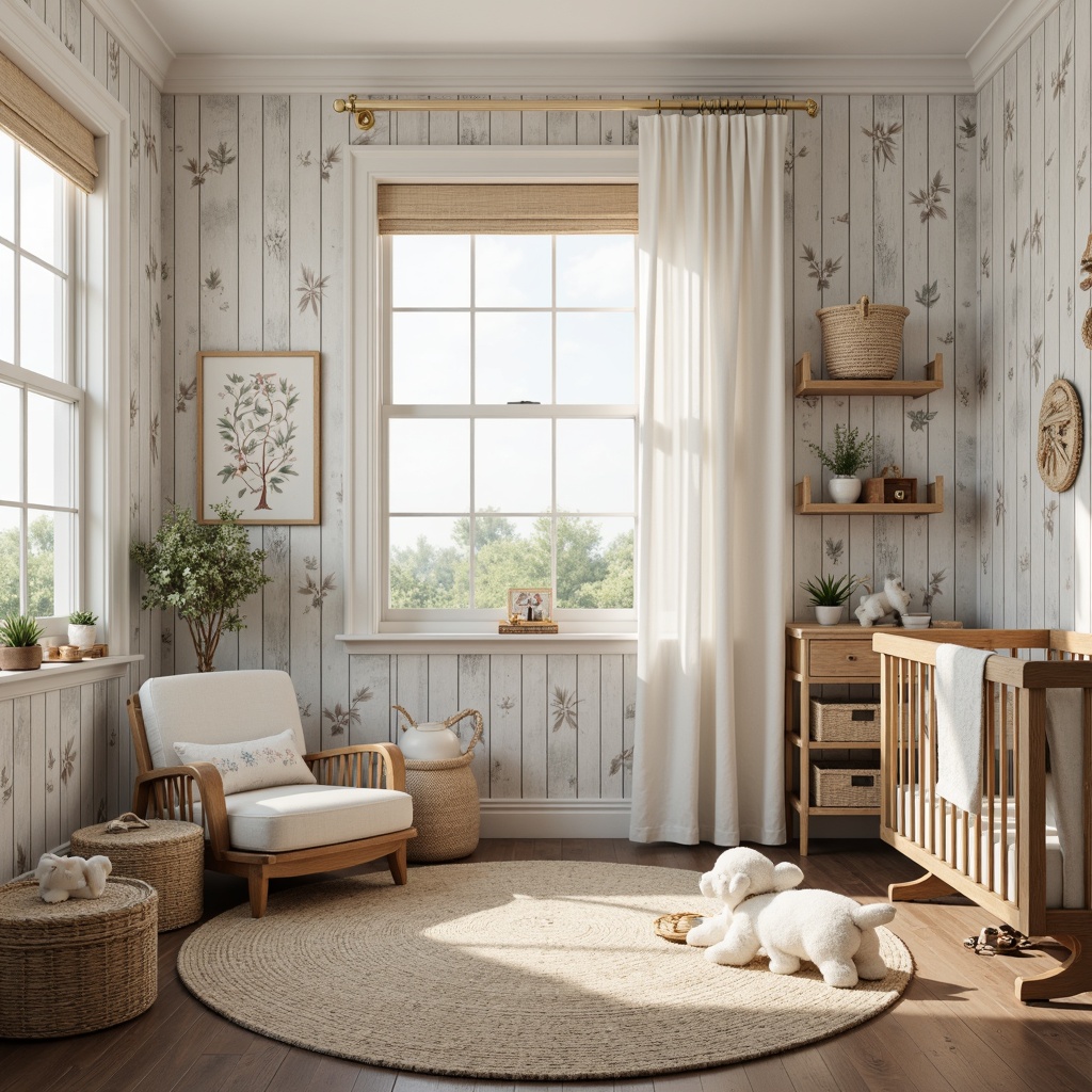 Prompt: Whimsical baby nursery, distressed wood accent walls, soft pastel colors, floral patterns, natural textiles, woven baskets, vintage-inspired furniture, rustic wooden cribs, plush area rugs, warm ambient lighting, shallow depth of field, 1/1 composition, realistic textures, gentle color palette, creamy whites, light grays, pale blues, nursery rhyme-inspired wall decals, nature-themed artwork, wooden wall shelves, rattan storage bins, cozy reading nooks.