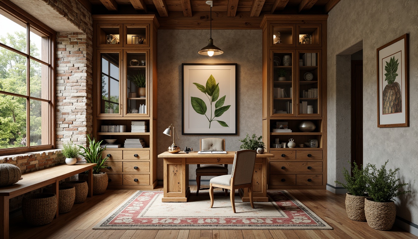 Prompt: Rustic home office, wooden desk, vintage chair, distressed wood flooring, earthy color palette, natural stone walls, exposed brick accents, wooden beams, cozy reading nook, plush area rug, warm task lighting, lantern-style pendant lights, woven basket storage, potted greenery, nature-inspired artwork, reclaimed wood shelves, metal decorative accents, industrial-chic decor, warm neutral tones, soft ambient lighting, shallow depth of field, 3/4 composition, panoramic view.