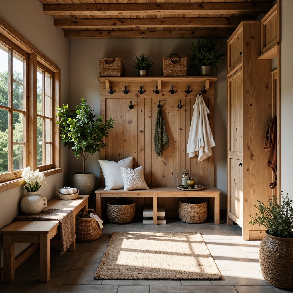 Prompt: Rustic mudroom, wooden benches, vintage metal hooks, woven baskets, natural stone flooring, earthy color palette, cozy textiles, plush throw blankets, warm lighting, shallow depth of field, 1/1 composition, realistic wood grain textures, ambient occlusion, functional storage cabinets, decorative shelving units, rustic metal accents, organic plant arrangements, sunny afternoon, soft warm glow.