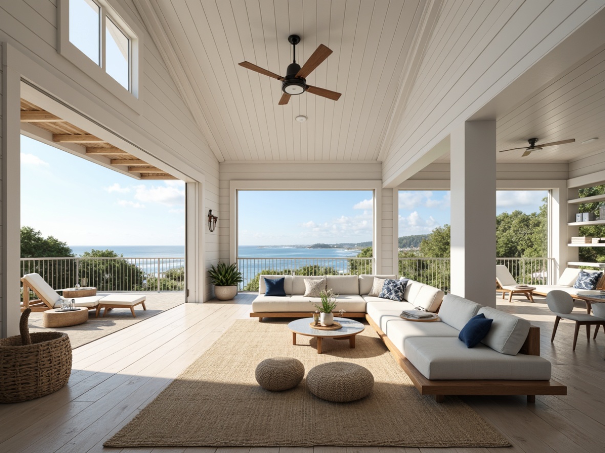 Prompt: Beachside coastal home, open floor plan, high ceilings, large windows, sliding glass doors, ocean views, natural light, airy atmosphere, driftwood accents, woven textiles, jute rugs, reclaimed wood floors, shiplap walls, nautical decor, marine-inspired color palette, calming blue hues, crisp white trim, minimal ornamentation, functional layout, spacious living areas, cozy reading nooks, panoramic views, soft warm lighting, shallow depth of field, 1/1 composition, realistic textures, ambient occlusion.