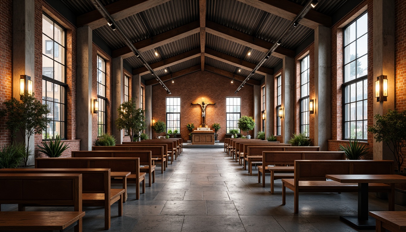 Prompt: Rustic church interior, industrial chic pews, metal beam ceiling, reclaimed wood accents, stone flooring, stained glass windows, vintage lanterns, distressed leather benches, ornate wooden crucifixes, minimalist altar design, urban loft-inspired architecture, exposed brick walls, concrete columns, modern steel lighting fixtures, warm atmospheric ambiance, softbox lighting, 1/1 composition, symmetrical framing, realistic textures, subtle color grading.