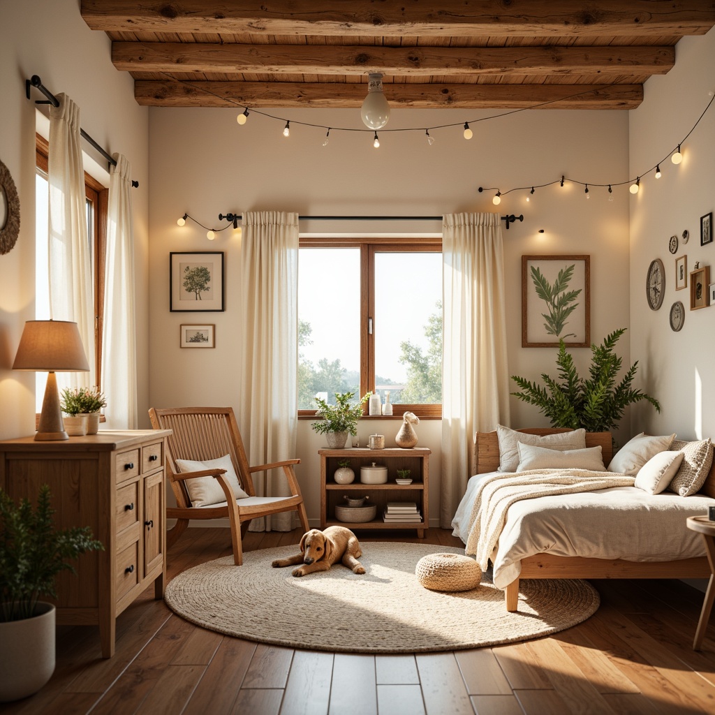 Prompt: Cozy kids' room, vernacular style, warm wooden accents, soft pastel colors, whimsical fairy lights, string lights, table lamps, gentle glow, cream-colored walls, rustic wood furniture, plush area rugs, comfortable reading nooks, natural fiber textiles, woven baskets, vintage-inspired decorations, distressed finishes, earthy tone ceramics, playful wall art, sunny afternoon light, shallow depth of field, 1/2 composition, soft focus, warm color grading.