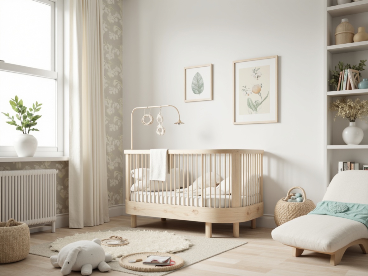 Prompt: Soft pastel colors, gentle curves, minimalist crib, simple mobiles, white furniture, light wood accents, beige carpet, subtle patterned wallpaper, softbox lighting, delicate floral patterns, gentle texture fabrics, calm atmosphere, shallow depth of field, 1/1 composition, warm natural light, cozy reading nook, plush toys, creamy whites, pale blues, serene ambiance.