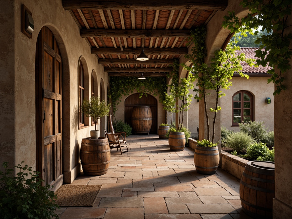 Prompt: Rustic winery, earthy tones, weathered wood accents, stone walls, arched windows, terracotta roof tiles, vines entwined trellis, lush greenery, natural stone flooring, distressed metal doors, wooden barrel displays, dim warm lighting, cozy atmosphere, shallow depth of field, 1/1 composition, soft focus, realistic textures, ambient occlusion.