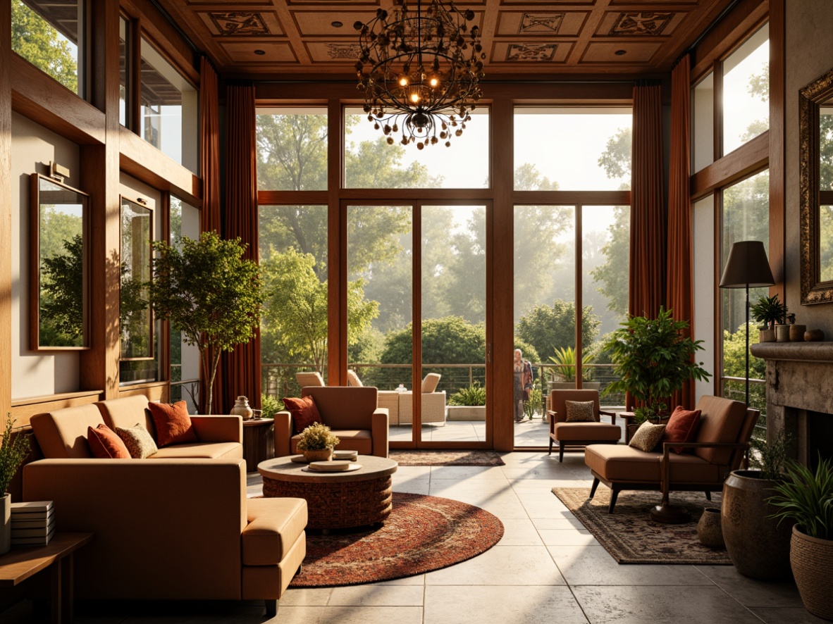 Prompt: Sun-drenched sunroom, ornate Art Deco patterns, luxurious velvet fabrics, metallic accents, geometric shapes, opulent chandeliers, warm golden lighting, soft diffused glow, floor-to-ceiling windows, sliding glass doors, natural stone floors, lush greenery views, morning sunlight, dramatic high ceilings, ornamental mirrors, lavish furnishings, rich wood tones, subtle ambient shadows, 1/1 composition, realistic materials, detailed textures.