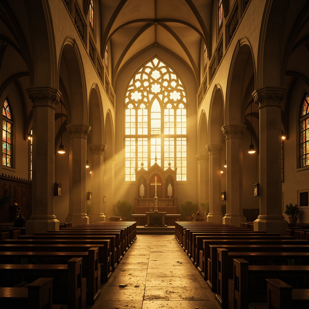 Prompt: Ethereal cathedral interior, ornate stained glass windows, soft warm golden lighting, subtle ambient glow, dramatic high ceilings, intricately carved wooden pews, ornamental altarpieces, mystical ambiance, serene atmosphere, peaceful silence, gentle beam of light, subtle color temperature, cinematic mood lighting, low-key illumination, atmospheric fog effect, eerie shadows, mysterious darkness, spiritual contemplation.