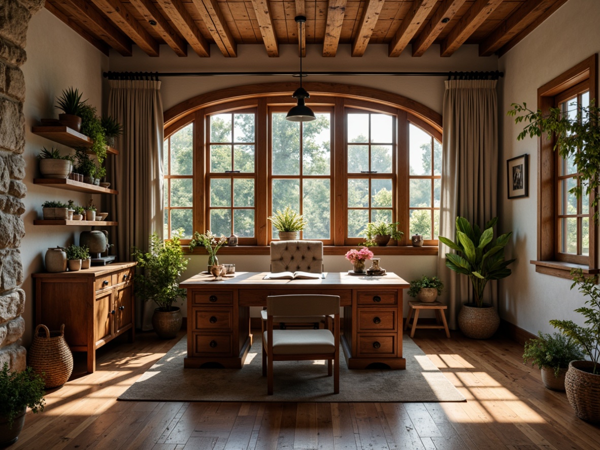 Prompt: Rustic home office, wooden desk, vintage chair, earthy tones, natural textures, stone walls, reclaimed wood accents, industrial metal lighting, distressed finishes, cozy atmosphere, warm color palette, traditional decor, woven baskets, potted plants, soft warm lighting, shallow depth of field, 3/4 composition, realistic textures, ambient occlusion.