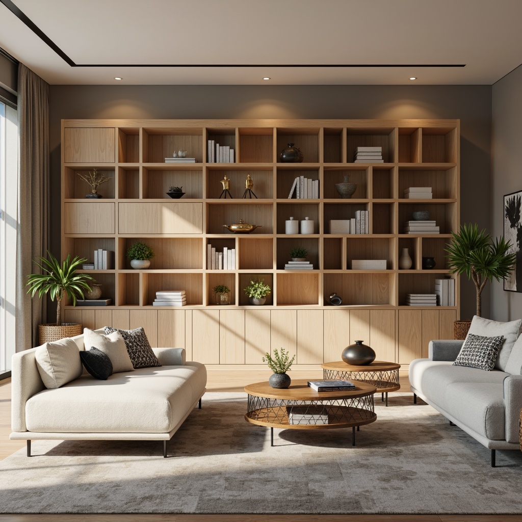 Prompt: Minimalist living room, functional furniture, sleek wooden shelves, compact storage units, hidden compartments, multi-functional tables, ergonomic chairs, geometric patterns, modern metallic legs, soft warm lighting, shallow depth of field, 1/1 composition, realistic textures, ambient occlusion.