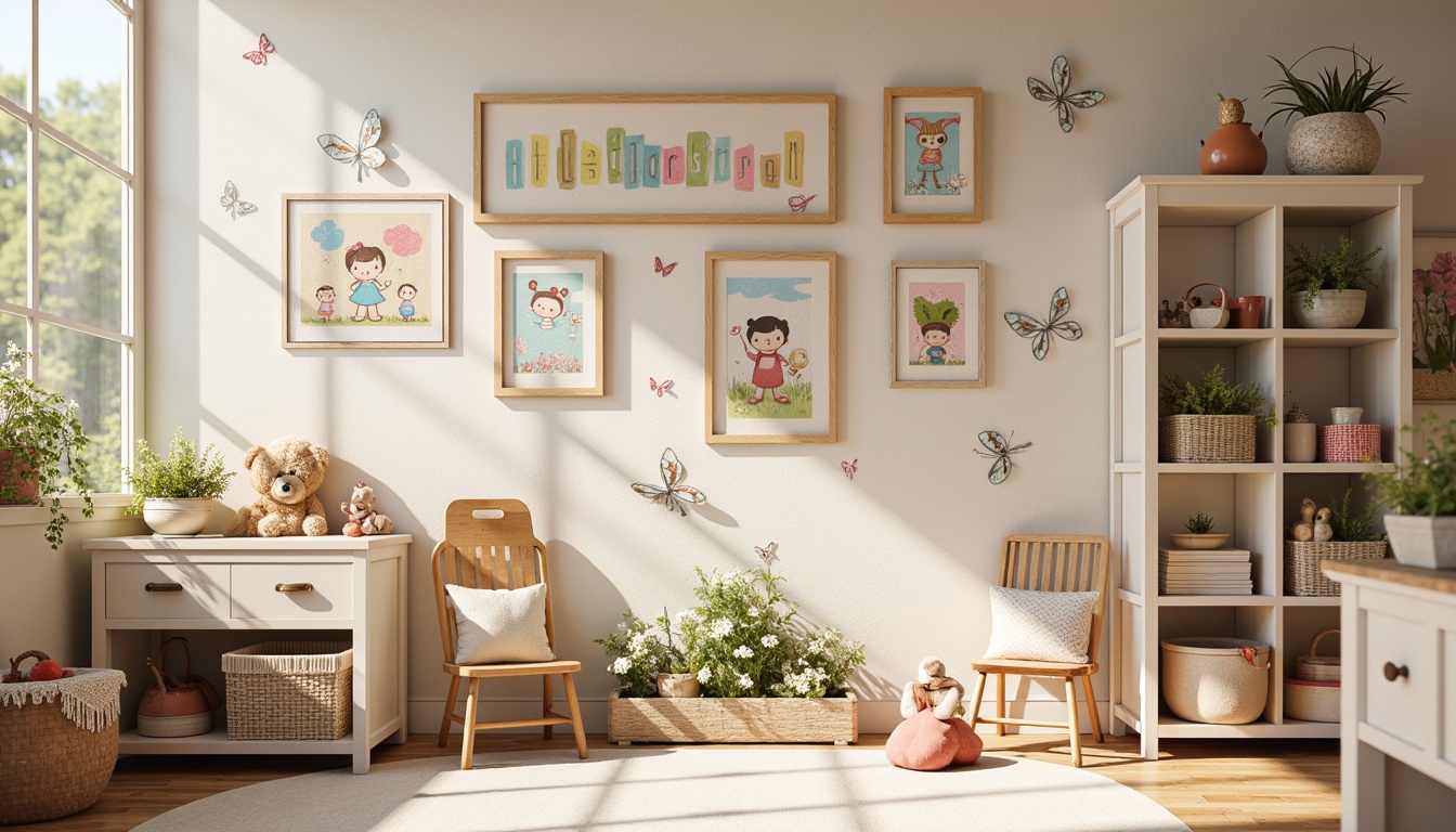 Prompt: Whimsical kindergarten walls, soft pastel colors, distressed wooden frames, vintage-inspired posters, cute cartoon characters, colorful fabric banners, floral patterns, lace trimmings, antique furniture pieces, creamy white shelves, decorative storage bins, playful polka dots, gentle natural lighting, warm beige tones, rustic wooden accents, artificial flowers, delicate butterflies, cheerful children's artwork displays.