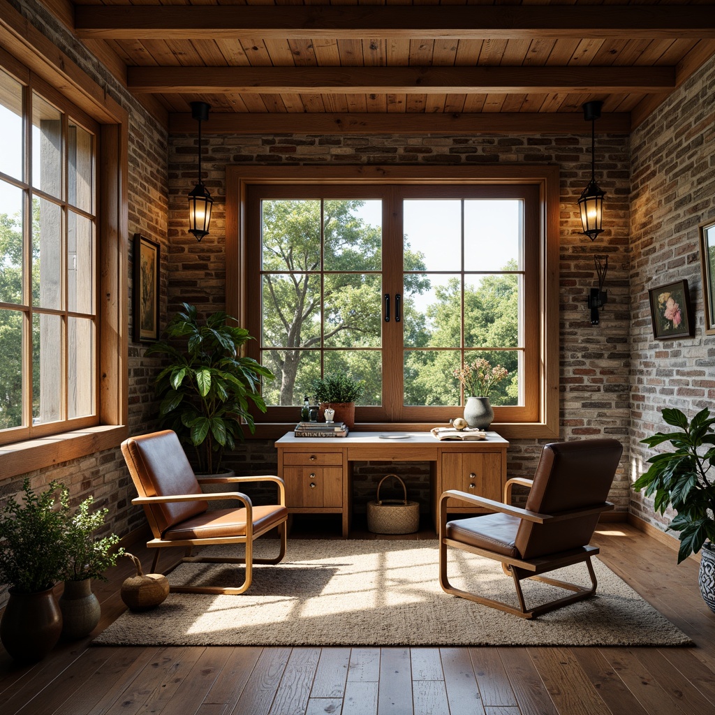 Prompt: Rustic home office, wooden accents, earthy tones, natural textures, reclaimed wood planks, stone walls, brick veneer, distressed finishes, vintage decor, cozy atmosphere, warm lighting, lantern-style fixtures, wooden desks, leather chairs, greenery views, large windows, natural materials, organic feel, 3/4 composition, shallow depth of field, soft focus.