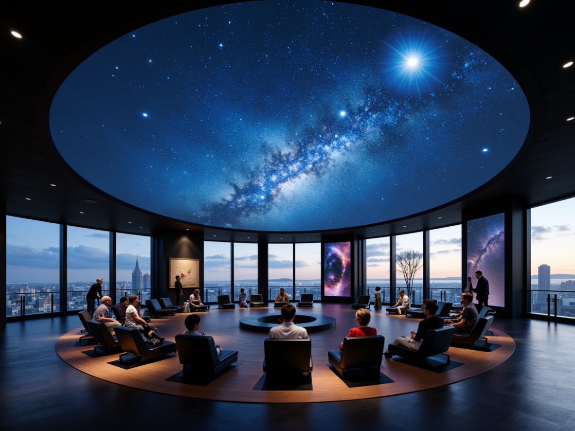 Prompt: Modern planetarium interior, dark blue ceiling, starry night sky projection, circular seating arrangement, sleek metal chairs, minimalist design, comfortable cushions, adjustable headrests, built-in speakers, ambient lighting, floor-to-ceiling windows, panoramic city views, urban landscape, subtle color scheme, futuristic vibe, interactive exhibits, educational displays, galaxy-inspired patterns, 3D visualizations, immersive experience, soft warm glow, shallow depth of field, 2/3 composition, realistic textures, ambient occlusion.