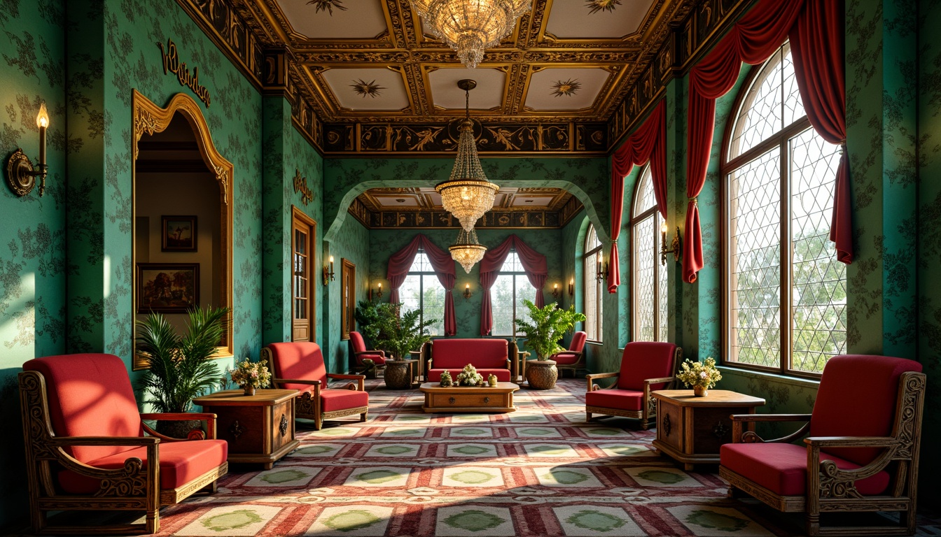 Prompt: Opulent Art Nouveau interior, rich jewel-toned walls, emerald green accents, iridescent blues, warm golden lighting, intricate floral patterns, sinuous organic lines, flowing curves, ornate metalwork, stained glass windows, velvet upholstery, carved wooden furniture, luxurious fabrics, soft pastel hues, whimsical illustrations, elegant cursive typography, ornamental plaster ceilings, grand chandeliers, dramatic drapery, romantic ambiance, warm cozy atmosphere, shallow depth of field, 1/2 composition, realistic textures.